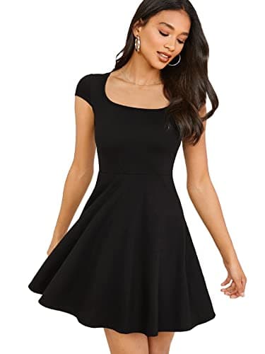 Image of GORGLITTER Women's Scoop Neck Mini Dress with Short Cap Sleeve, High Waist, Ruffle Hem, A Line Swing Style - Summer Casual, Party, Travel, Black, XL
