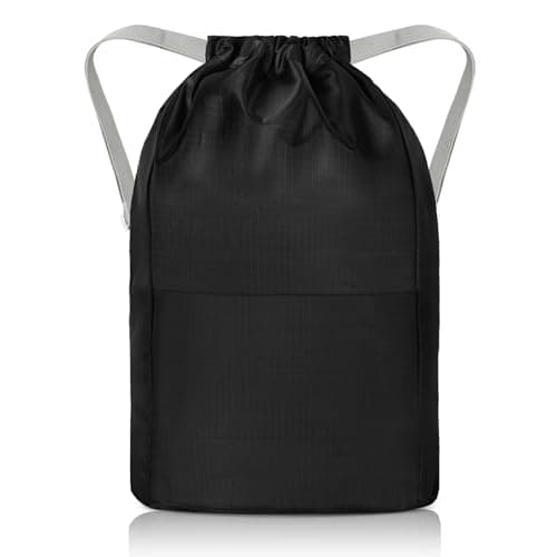 Image of DiULi Drawstring Gym Bag, Water-Resistant Oxford Fabric Sports Sack with Adjustable Strap and Rear Pocket, Black, 45.5 cm x 35 cm, for Teens, School, PE, and Travel Swimming Gym Unisex Gym Bag