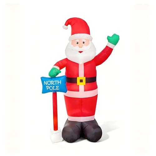 Image of 6ft Inflatable Hand Waving Santa Clause with North Pole Sign Board Pre Lit Mains Powered White LED Lights Christmas Props Outdoor Garden Decoration