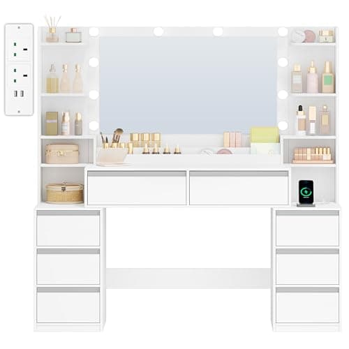 Image of HEXCELEN 135 cm Dressing Table with Mirror, Vanity Desk with 10 LED Lights, Adjustable 3-Colour LED Lights, Makeup Desk with Plug, Hairdryer Holder, 8 Drawers, Open Storage Spaces, Modern White-Silver