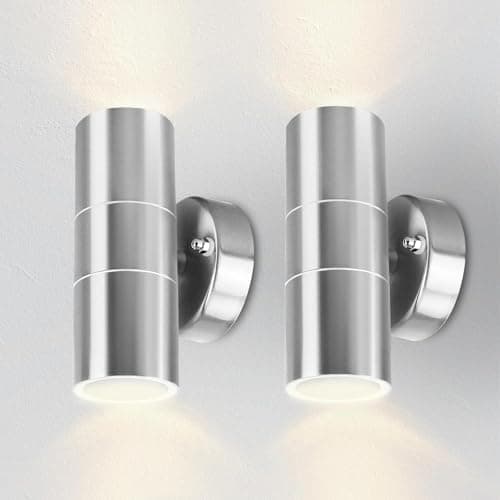 Image of Kerry Outdoor Wall Lights, Up Down Mains Powered Lighting, Silver Stainless Steel IP44 Waterproof, Exterior Wall Sconce for Indoor, Front Door, Patio, Hallway, Porch, Garden, Garage, Post - 2 Pack