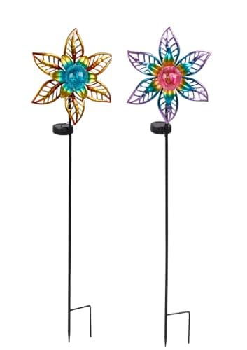 Image of Garden Mile 90cm Solar Flower Garden Stake Lights Set of 2 – Decorative Metal Solar Lights with Crackle Glass Ball, Outdoor Waterproof Pathway Lights for Garden, Borders, Lawn & Patio