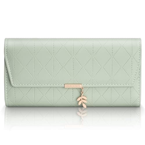 Image of Aucuu Women's Wallet, Long Purse, PU Leather Purse, Compact Tri-Fold Wallet Large Capacity snap Coin Pouch with Multiple Card Slots and Coin Zipper Pocket- Green