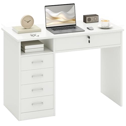 Image of HOMCOM Computer Desk, Home Office Desk with Lockable Drawer, Storage Shelf for Study Bedroom, 110 x 50 x 76 cm, White