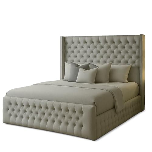 Image of Atomic Sleep Luxury Chesterfield Wingback Bed Frame - Upholstered in Plush Velvet Fabric with Mattress/Gas Lift Option - UK Made (Grey Plush, Double 4ft6 with gas lift storage)
