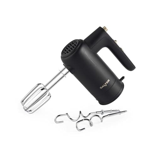 Image of Salter Alchemy Easy-Store Hand Mixer – 5 Speed Settings & Turbo, 300W Power, Eject Function, Storage Base Included, Chrome Accessories, Beaters & Dough Hooks, FSC, Bread/Cakes/Cookies, Black