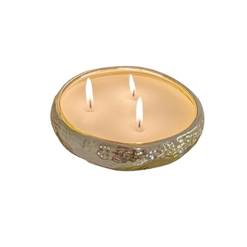 Image of Aeolian 3 Wick Vanilla Scented Candle in Hammered Champagne Bowl (14cm) - Luxurious Soy Wax Table Centrepiece, Perfect Home Decoration Gift, Elegant Interiors by Rowen Homes (Gold)