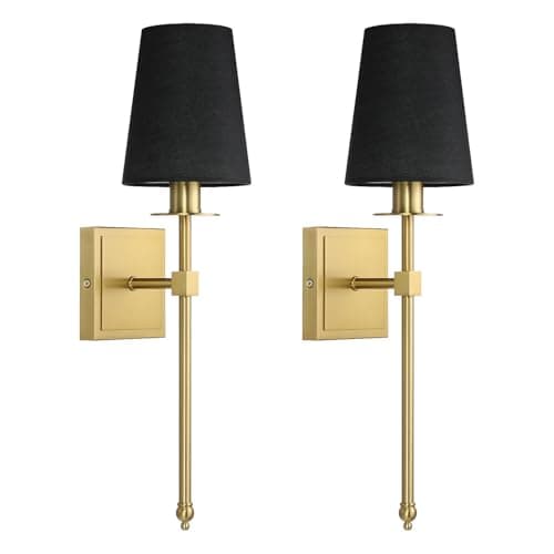 Image of XiNBEi Brass Wall Light Set of 2 Hardwired Bedroom Wall Lamp with Black Fabric Shade, Decorative 1 Light Sconce Lighting for Entry Living Room Hallway NL-W1307-BS