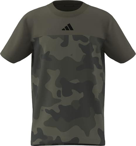 Image of adidas Unisex Kids Seasonal Essentials Camo Cotton T-Shirt Juniors, Olive strata/Black, 11-12 Years