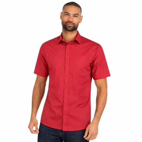 Image of Mens Short Sleeve Shirt Tailored Fit Easy Iron Collared Button Up Poplin Smart Casual Business Wedding Office Shirt (Red, 16.5)
