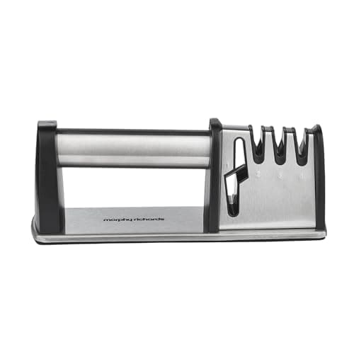 Image of Morphy Richards 4-in-1 Knife Sharpener, Manual Kitchen Sharpener, Stainless Steel Body, Easy Grip Handle, Non-Slip Base, Blade Prep, Sharpening, Honing, Scissor Sharpening, Safe Easy to Use, 868751