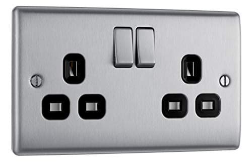 Image of BG Electrical Double Switched Power Plug Wall Socket, Nexus Metal, Brushed Steel, Black Inserts, 13A, NBS22B