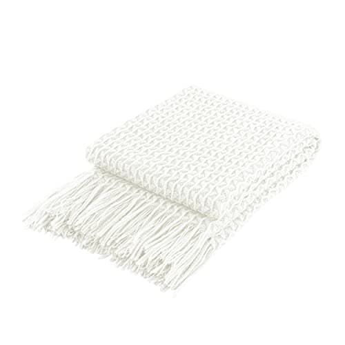 Image of Coastline Super Soft Decorative Knit Throw Blanket for Sofa Couch Chair Bed, Lightweight Travel Blanket Nap Throw, Cashmere-like Soft and Cozy, Delicate Weave Pattern with Fring,Cream,127x152cm