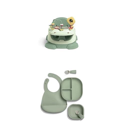Image of Mamas & Papas Baby Bug Booster Seat with 4 piece Weaning Kit Bundle for Dining, Detachable Tray, Harness, Adjustable Seat and Non-Slip Feet, Eucalyptus