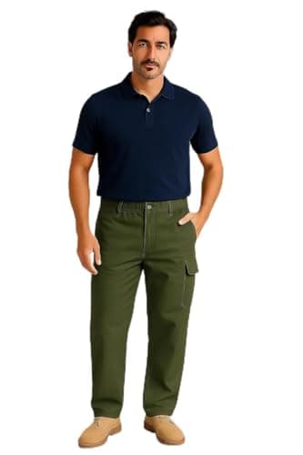 Image of Men's Cargo Trousers, Elasticated Waist, 6 Pockets, Open Hem, Chino Style - 2388 (UK, Waist & Inseam, 34, 27, Olive)