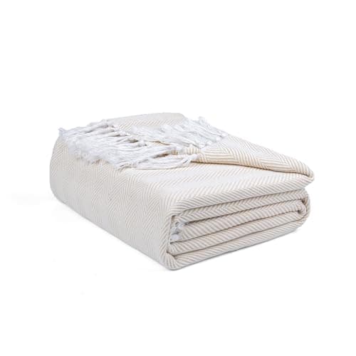 Image of EHC Herringbone Throw, Handwoven Cotton Throws for Sofas Bed Sofa Settee Couch Reversible Bed Cover Over Blanket, Single 127 x 152 cm, Natural