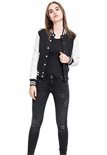 Image of Urban Classics Women's Ladies 2-tone College Sweatjacket Varsity Long Sleeve Sweat Jacket, Multicolored (Blk/Wht), X-Large (Manufacturer size: X-Large)