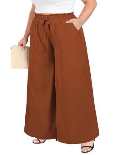 Image of Moon Wood 2026 Womens Wide Leg Trousers Ladies Printed Flowy Palazzo Pants Summer Elasticated Smocked Waist Casual Trousers with Pockets Plus Size Rusty XL
