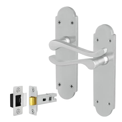 Image of EAI Satin Door Handles with Latch, 1 Pair Internal Satin Chrome Victorian Scroll Shaped Backplate, Latch 64mm