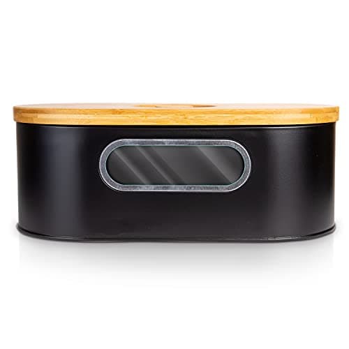 Image of Tomas Weil Bread Bins – Premium Small Bread Box with Cutting Board – Modern Small Bread Box with Bamboo Lid – Elegant and Modern Design – Housewarming Present Idea - Black Bread & Loaf Tins (Black)