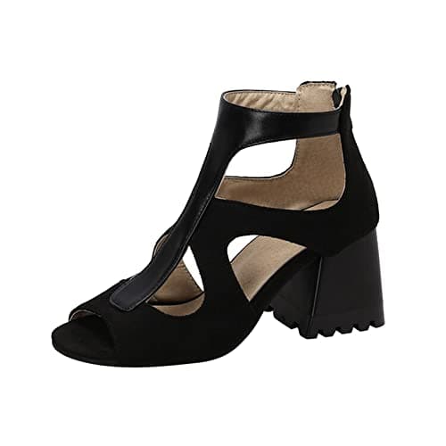Image of Generisch Sandals Women's Flock Stitching Hollowed Fish Mouth Thick High Heeled Back Zip Roman Sandals, black, 4 UK