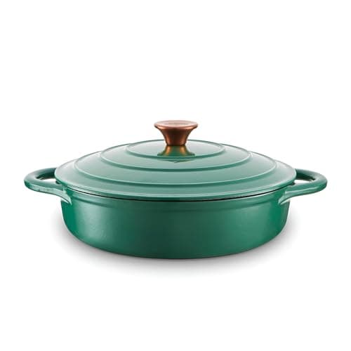 Image of Barbary & Oak BO800253GRN Shallow Cast Iron Casserole Pan with Durable Enamel Interior, 28cm, Verdigris Green