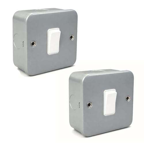 Image of SHPELEC® Grey Metal Clad 10A 1 Gang 2 Way Light Switch – Heavy Duty Industrial Wall Switch for Garage, Workshop & Utility – Includes Back Box – 2 PACK
