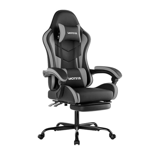 Image of WOTSTA Gaming Chair with Footrest, Ergonomic Gaming Chair, Computer Chair with Lumbar Support, Head Rest, Height Adjustable PC Chairs with 360°-Swivel Seat for Office or Gaming, Black Grey
