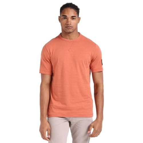 Image of Calvin Klein Men’s Short Sleeve Regular T-Shirt with Logo Badge, Orange (Aragon), XXS