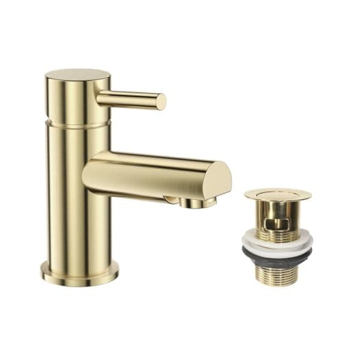 Image of VeeBath Delta Mono Basin Mixer – Brushed Brass Finish, G1/2" Inlet, Single Lever, Rounded Edge Deck Mounted, Modern Design Sink Taps, Bathroom and Basin Tap