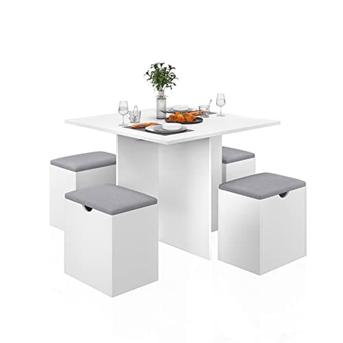 Image of Mondeer Dining Table Set, Table and 4 Stools with Soft Cushion Wooden Space Saving for Dining Room Kitchen, L80 x W80 x H75 cm, White and Grey