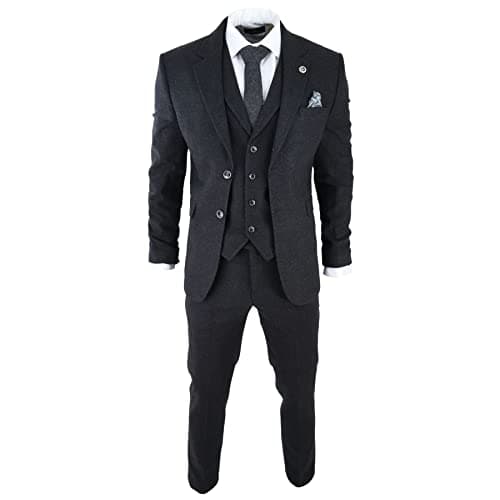 Image of Mens Black Tweed 3 Piece Suit Check Vintage 1920s Gatsby Blinders Tailored Fit - Black 44