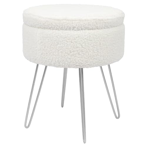 Image of Harbour Housewares Boucle Round Foot Stool with Storage - Cream with Silver Legs - Modern Dressing Table Pouffe Footstool Vanity Chairs Footstools for Living Room