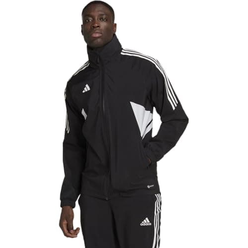 Image of adidas Men's Soccer Condivo 22 Rain Jacket - Water and Wind Resistant, Elastic Cuffs, Adjustable Hood, Zip Pockets, Polyester, Black, S