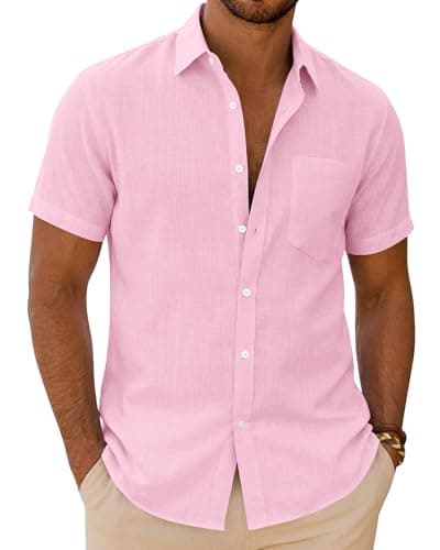 Image of siliteelon Mens Short Sleeve Linen Shirts Summer Shirt Regular Fit Casual Cotton Holiday Beach Tops with Pocket Pink M