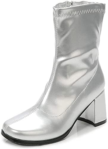 Image of Women’s Go Go Ankle Boots – 1960s 1970s Retro Mod Patent Leather Mid Calf Boots, Chunky Low Block Heel, Side Zip Vintage Fashion Boots for Women, UK Size 3-8, Silver Patent-3 UK