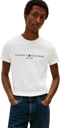 Image of Tommy Hilfiger Men’s Short Sleeve Round Neck Core Tommy Logo T-Shirt, White (Snow White), M