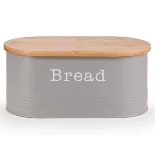 Image of EHC Space Saving Extra Large Bread Box Bin With Wooden Lid For Kitchen Storage,Round Enamel Bread Storage Canister Bin Crock Jar For Kitchen, Grey