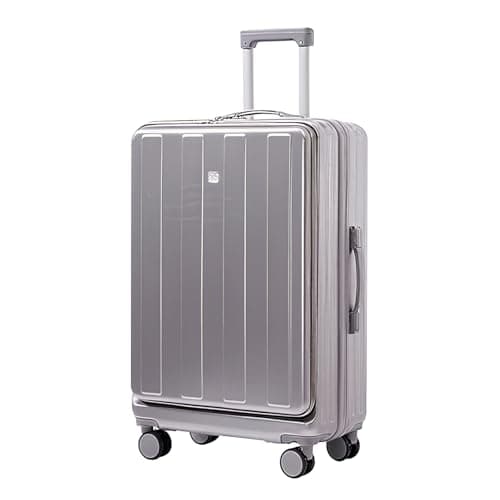 Image of AYES 20 Inch Silver Carry On Cabin Luggage Suitcase, ABS+PC with USB Charging Port & Cup Holder, 4 Spinner Wheels, Lightweight Durable Hardshell Trolley Case