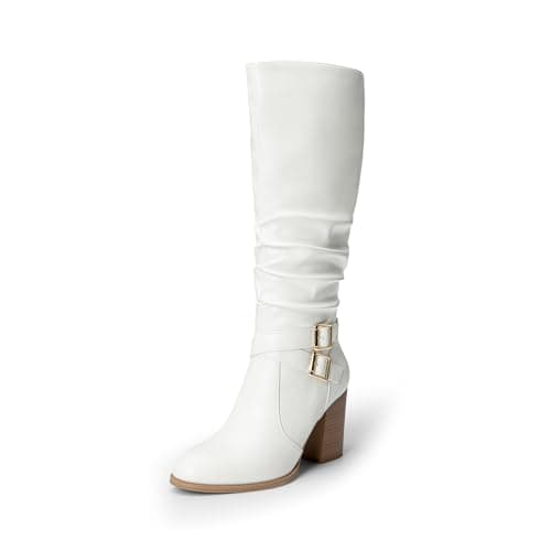 Image of DREAM PAIRS Women's Knee-High Boots, Comfortable Chunky Block Heel Pointed Toe Pull On Side Zipper Suede Slouch Riding Boots,Size 7,White-Pu,SDKB2419W