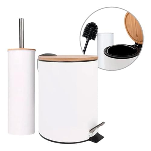 Image of Amig - Naturline Bin and Toilet Brush Set - Ø168 x 230 mm - Steel and Bamboo - White - Compact and Coordinated Bathroom Set - Ideal for Modern and Natural Spaces
