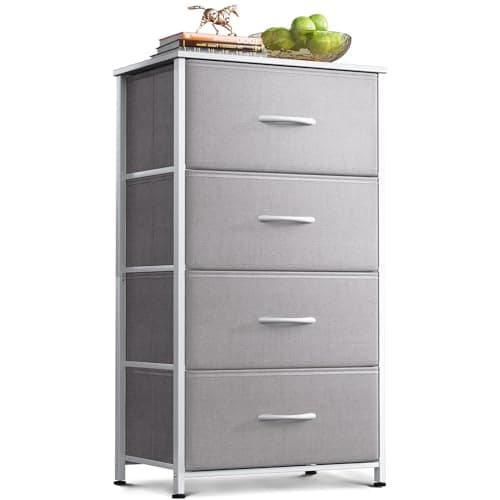Image of Coleshome Tall Chest of Drawers Bedroom, Small and Narrow Drawers with 4 Fabric Drawers, Wooden Top, Sturdy Steel Frame, Suitable for Bedroom and Living Room, 40 x 30 x 80 cm, Light Gray