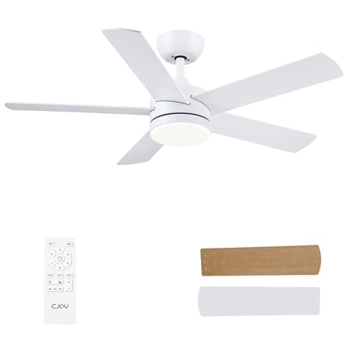 Image of CJOY Ceiling Fans with Lights, 42 inch White Ceiling Fans with Lights and Remote Control, Quiet Reversible DC 5 Bades, Memory 3CCT, Dimmable, Sleep Mode, Timer, Use for Bedroom/Living Room/Kitchen