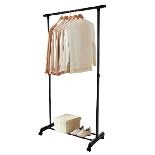 Image of Hershii Adjustable Clothes Rack on Wheels Single Rod 85-140cm L Clothing Hanging Rail Black Extendable Garment Stand Coat Storage Organizer for Bedroom, Living Room, Balcony