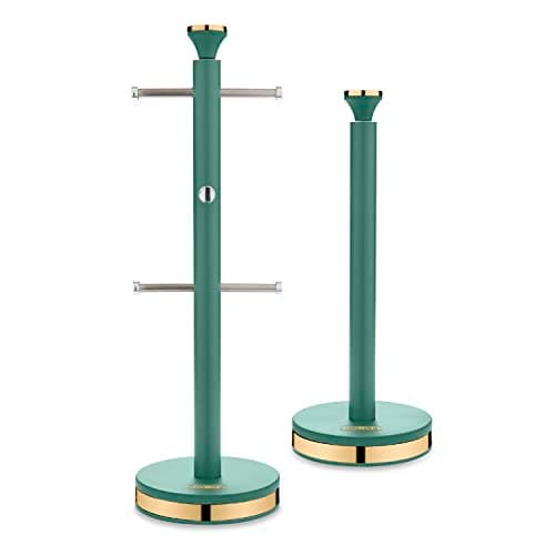 Image of Tower Cavaletto Mug Tree and Towel Pole Set with Anti-Slip Base, Jade Green and Champagne Gold