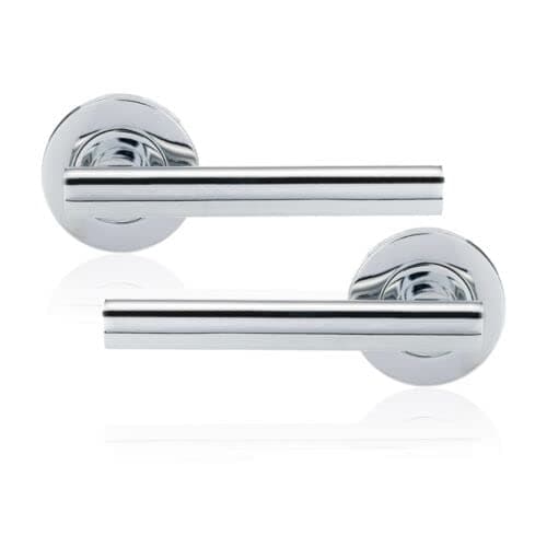 Image of XFORT Polished Chrome Liberty Lever On Rose Door Handles, T-bar Lever Latch Rose Door Handle, Ideal for Internal Wooden Doors for Home and Office (1 Pair)
