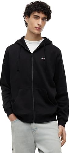 Image of Tommy Jeans Men's Tjm Reg S Flag Zip Fleece Thru Dm0dm20743 Zip Through Hoodie, Black (Black), S