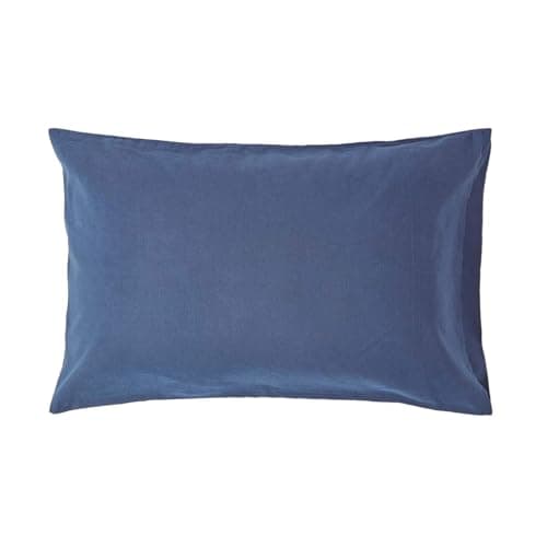 Image of HOMESCAPES Luxury Soft Linen Pillowcase Plain Navy Blue Textured Natural French Flax Fibre Linen & Pure 100% Cotton Blend Dark Blue Standard Pillowcase