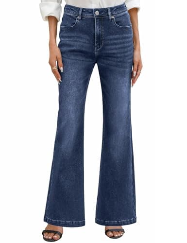 Image of PASUDA Flared Jeans for Women Stretchy High Waisted Denim Pants Elastic Bootcut Bell Bottom Washed Jeans Legging for Women with Pockets Casual Comfort (Dark Blue, XL)