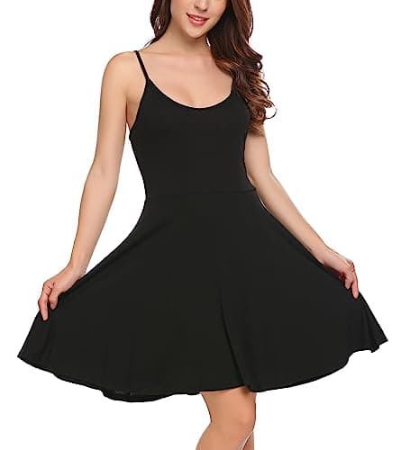 Image of UNibelle Women's Dress Sleeveless Adjustable Strappy Dresses Summer Beach Floral Flared Swing Dress Casual Sundress Pure Black L